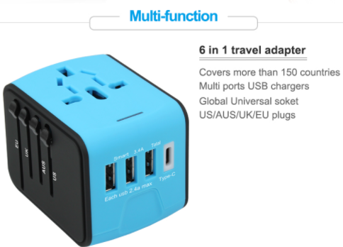 Maxguard Veloce-Series Universal Travel Adapter 3.4A (3 USB+Type C+Global Sockets)Black