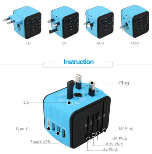 Maxguard Veloce-Series Universal Travel Adapter 3.4A (3 USB+Type C+Global Sockets)Black